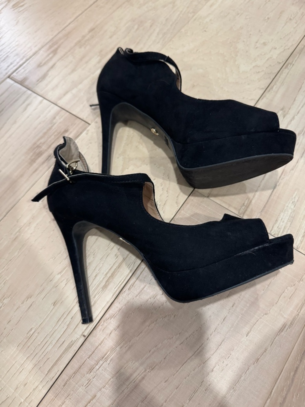 Women’s Black Suede Peep-Toe Platform Heels
